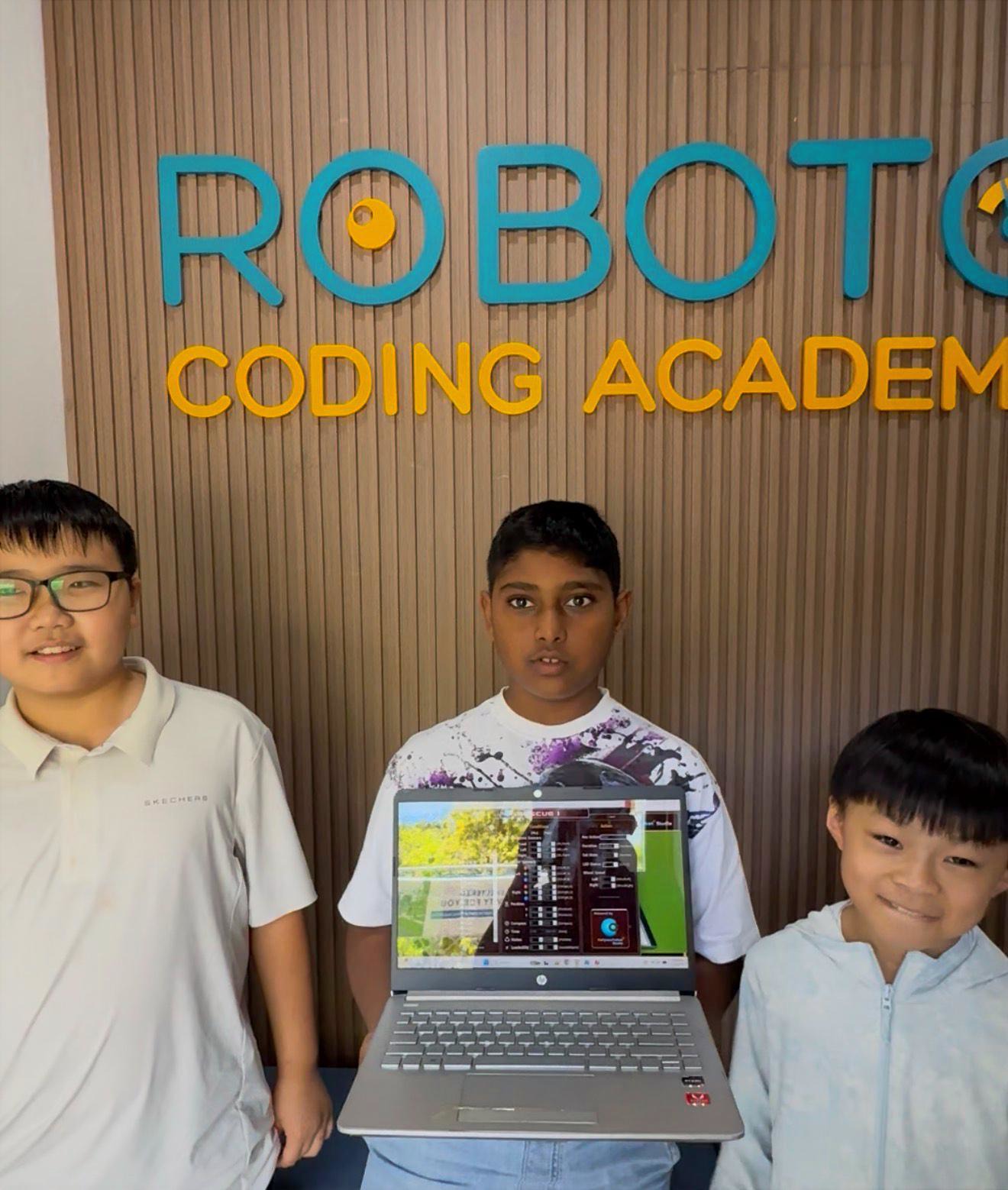Three students demonstrating CoSpace Rescue project